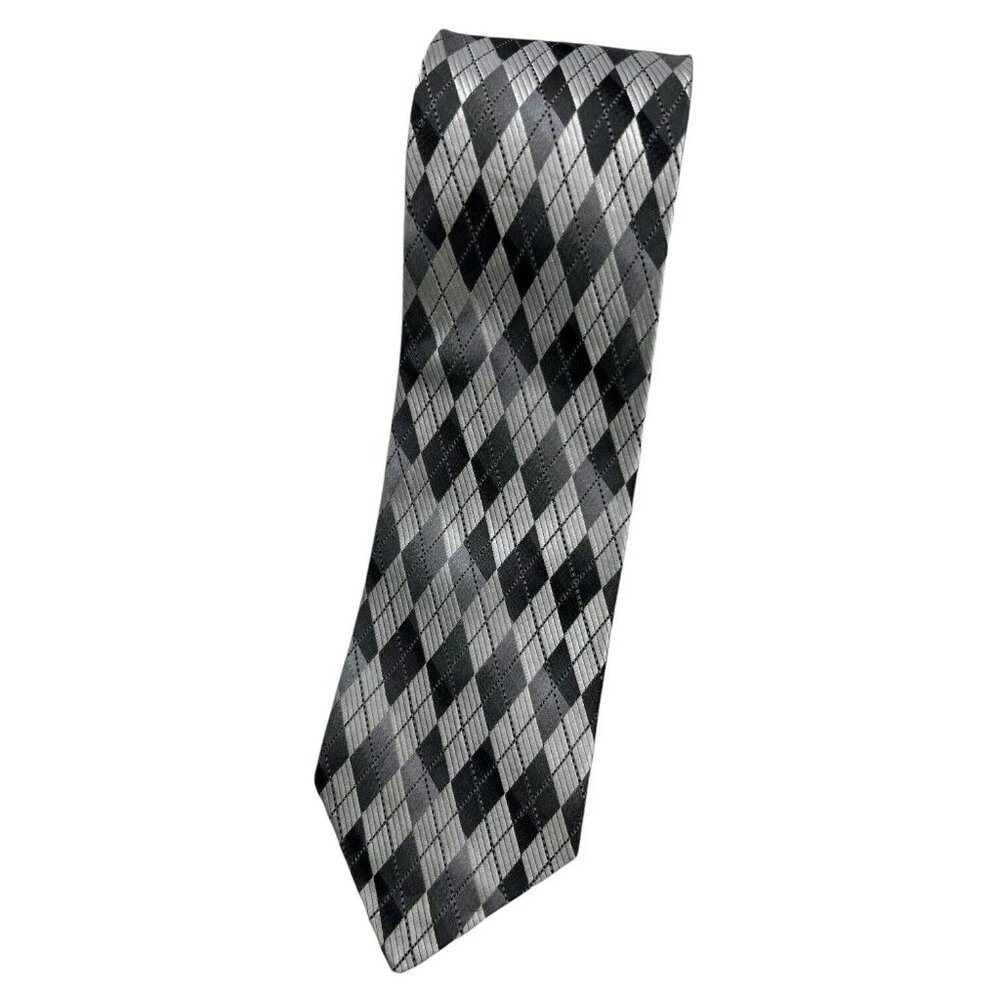 SERICA Men's 100% Silk Necktie LUXURY Tie Gray Geometric W:3.7" EUC
